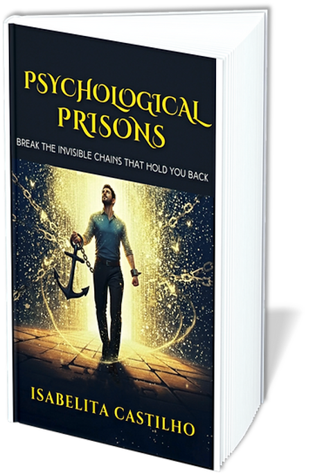 Psychological Prisons book cover showing person breaking free from chains with golden light by Isabelita Castilho